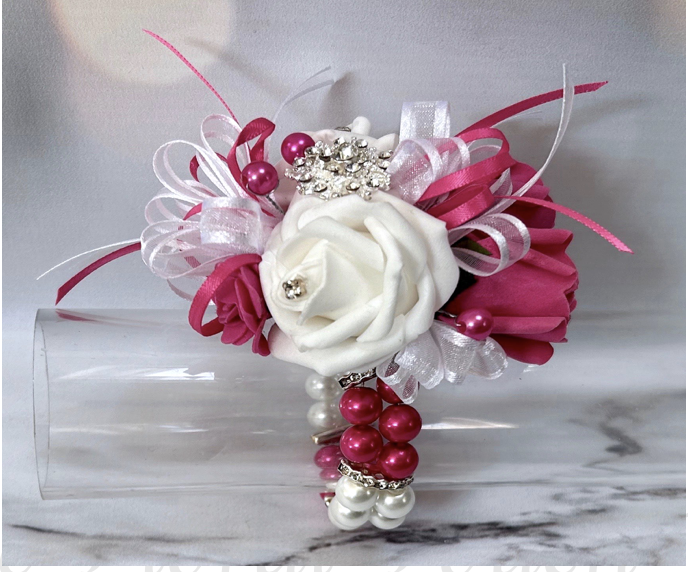 fuchsia and white wrist corsage for weddings and proms, fuchsia wrist corsage